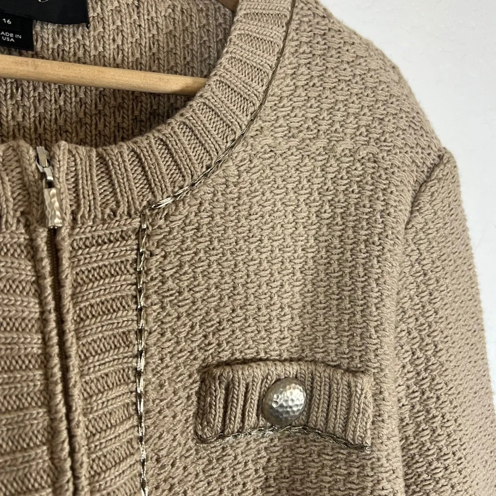 St John Couture Tan Knit Zip Jacket Metallic Trim Silver Buttons Size 16 USA